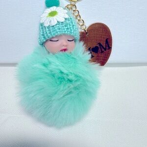 Mint Green Fluffy Keychain with Cute Doll